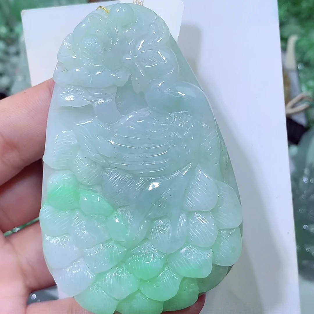 缅甸天然A货翡翠飘绿凤穿牡丹凤凰吊坠