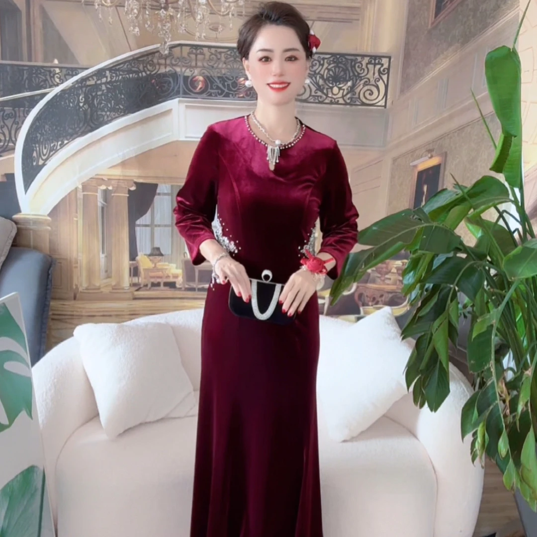 喜婆婆喜妈妈秋季新款进口韩国绒7分袖礼服