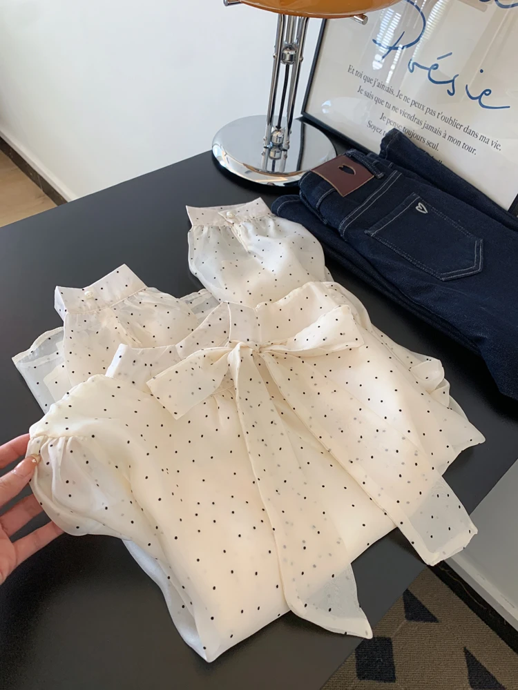 法式蝴蝶结长袖衬衫内搭女设计感小众波点上衣轻奢高级感气质小衫