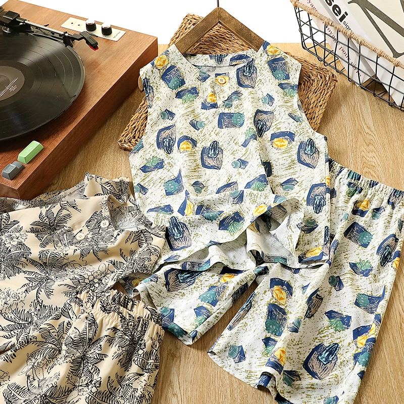 儿童人造棉夏季无袖套装2025夏季新款男女童无袖五分裤两件套时尚