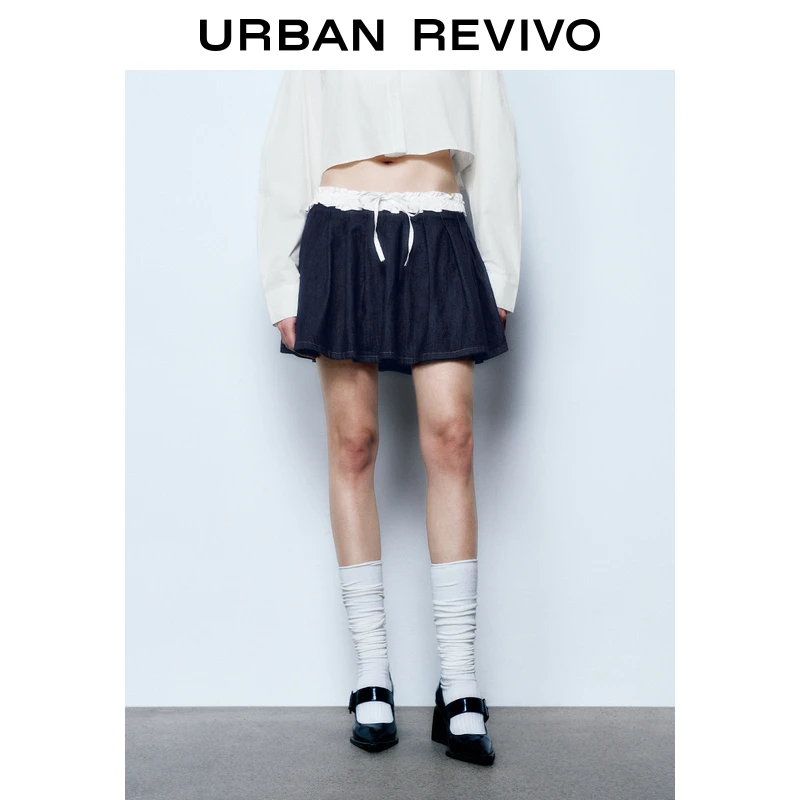 【轻夏运动】UR2025新款女装拼接抽绳运动系列牛仔半裙UYU850049