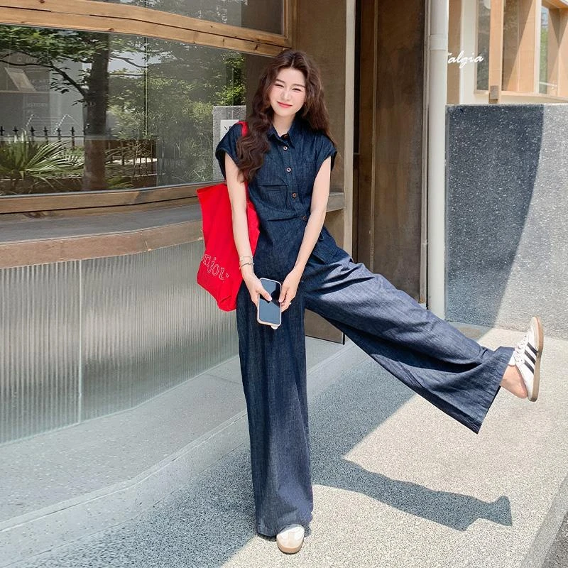 斜门襟牛仔衬衫阔腿裤套装2025新款女初夏复古高级感不撞款两件套