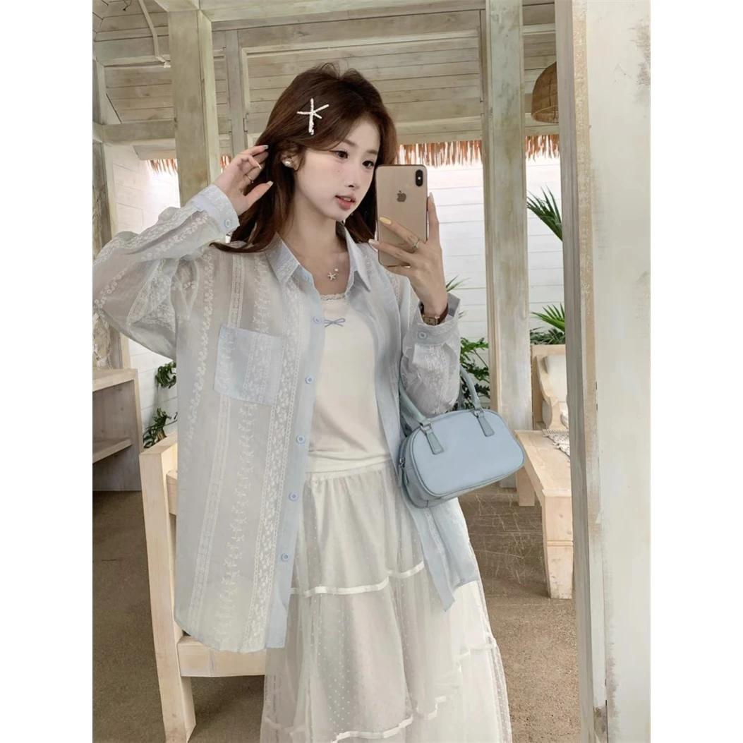 *夏季新款韩版提花设计感薄款防晒衬衫女宽松显瘦百搭休闲上衣