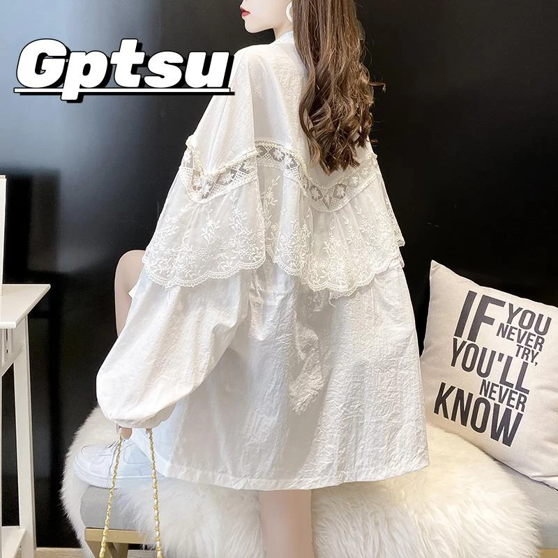 GPTSu蕾丝拼接防晒衣女夏季轻薄款宽松防紫外线透气中长款防晒服