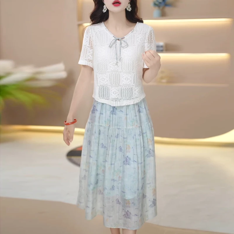 时尚假两件连衣裙女2025夏季新款镂空勾花微胖修身显瘦中长款裙子