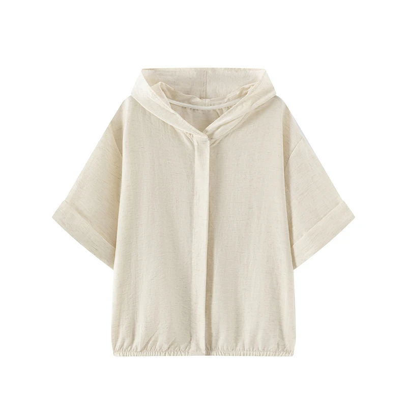 ANRUIER-高品质新款亚麻连帽短袖开衫女百搭休闲薄款宽松上衣1616