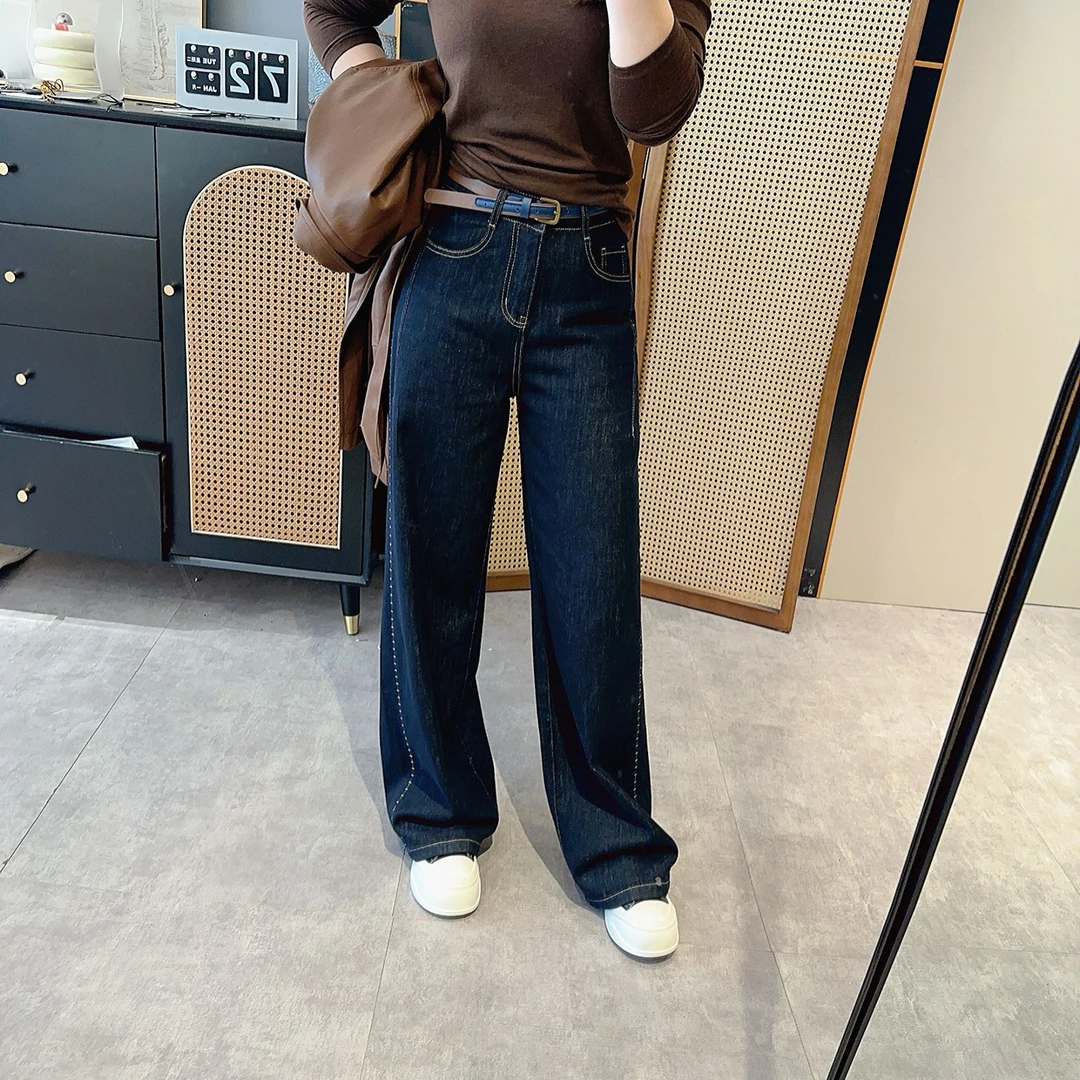 【欧加粒粒】新款小个子直筒窄版阔腿裤显瘦垂感明线设计牛仔裤N802
