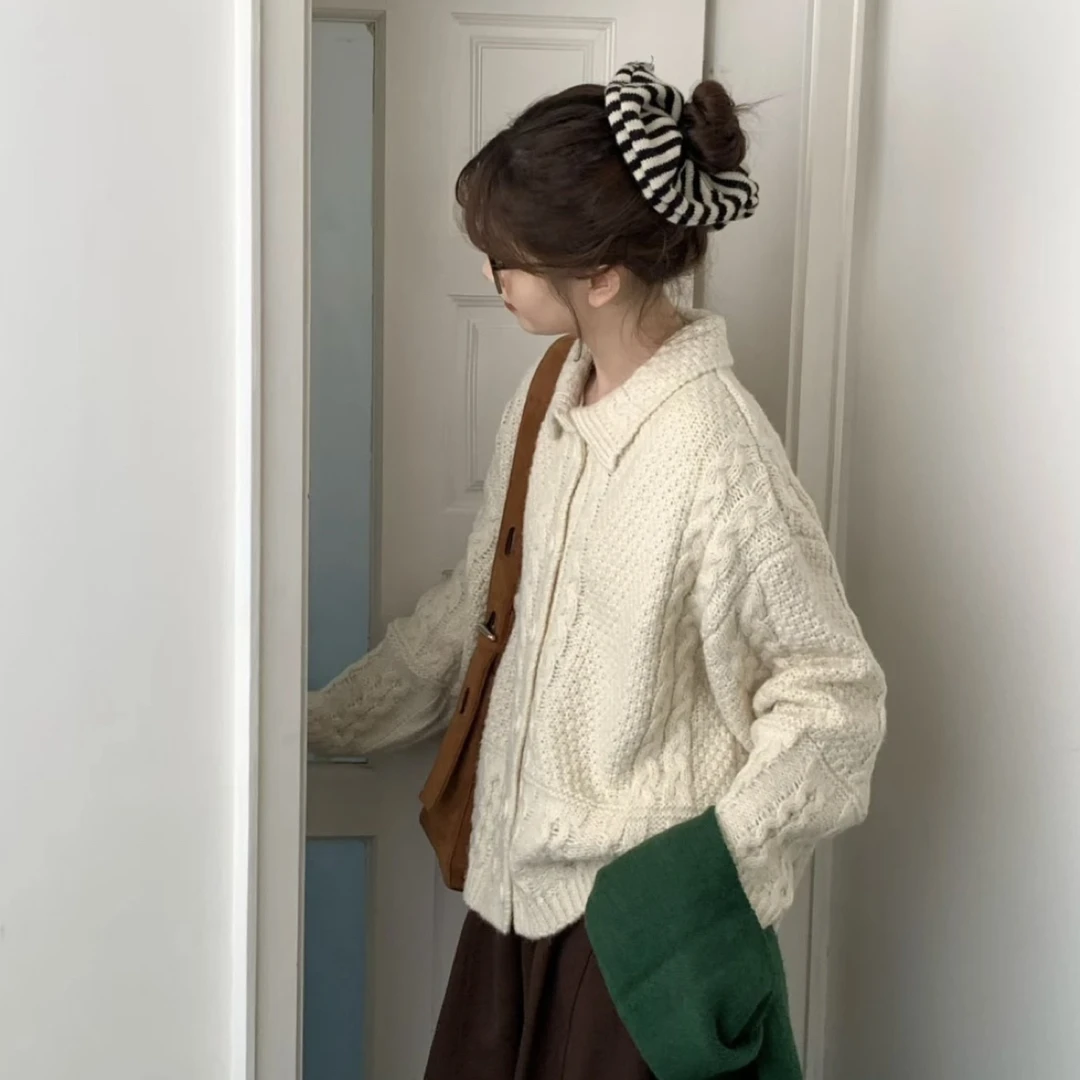 【HDL】2025polo翻领通勤麻花长袖秋冬宽松毛衣网红韩版慵懒60 120