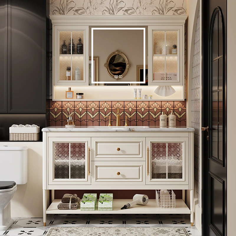 美式法式橡木烤漆奢石陶瓷无缝一体盆浴室柜组合洗手盆洗脸盆柜
