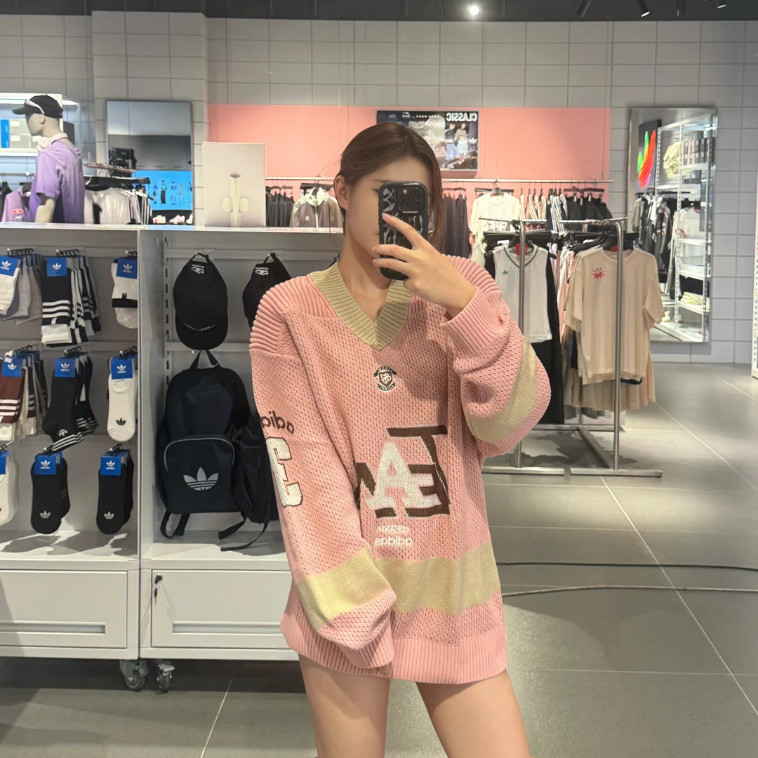 ADIDAS三叶草TEAM SWEATSHIRT 运动宽松V领针织衫KF4468
