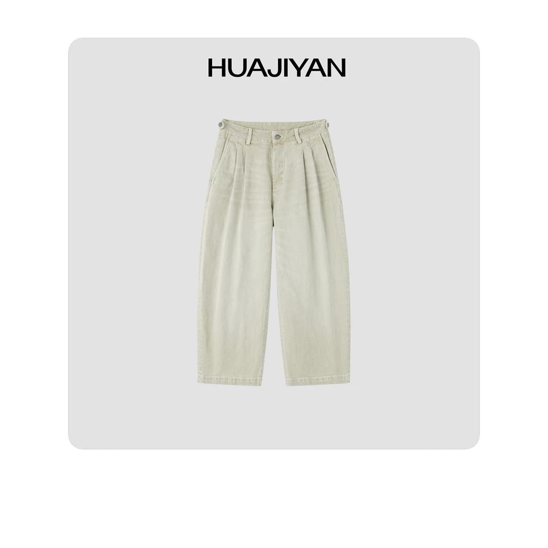 华吉言/HUAJIYAN【春山】定制面料环保水洗立体双褶八分弯刀牛仔裤