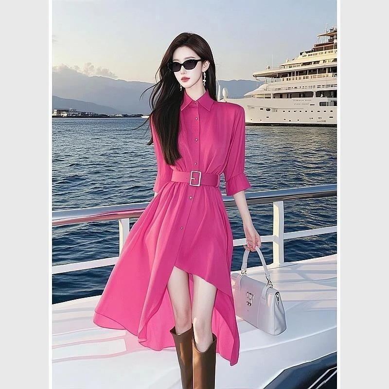 万达撤柜独特多巴胺玫红色衬衫连衣裙2025早春高端精致法式收腰不