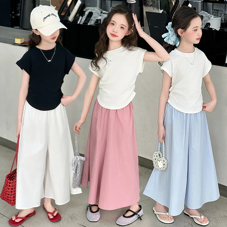 女童夏季2025新款短袖T恤阔腿裤套装中大童韩版休闲洋气两件套潮