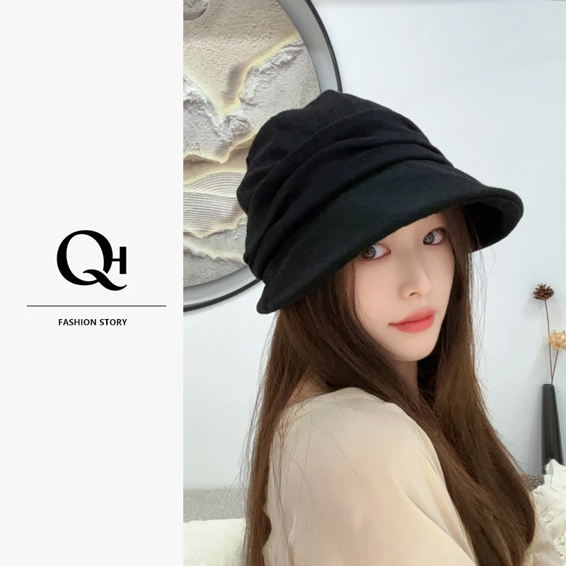 秋冬亚麻复古褶皱鸭舌帽时尚百搭休闲堆堆帽日系气质显脸小帽子女