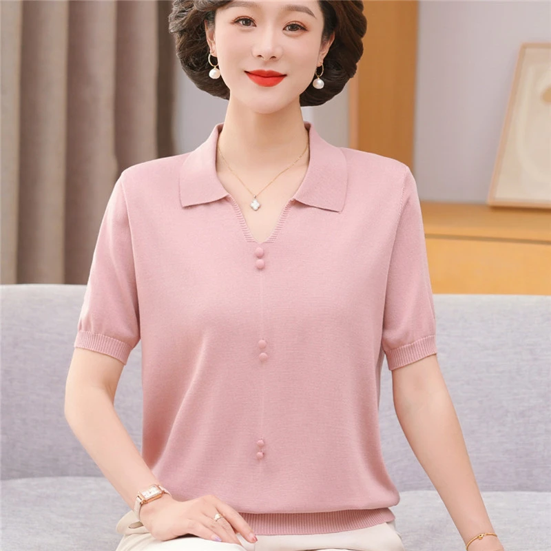 妈妈装时尚针织小衫翻领冰丝上衣新款中老年夏装短袖T恤宽松打底