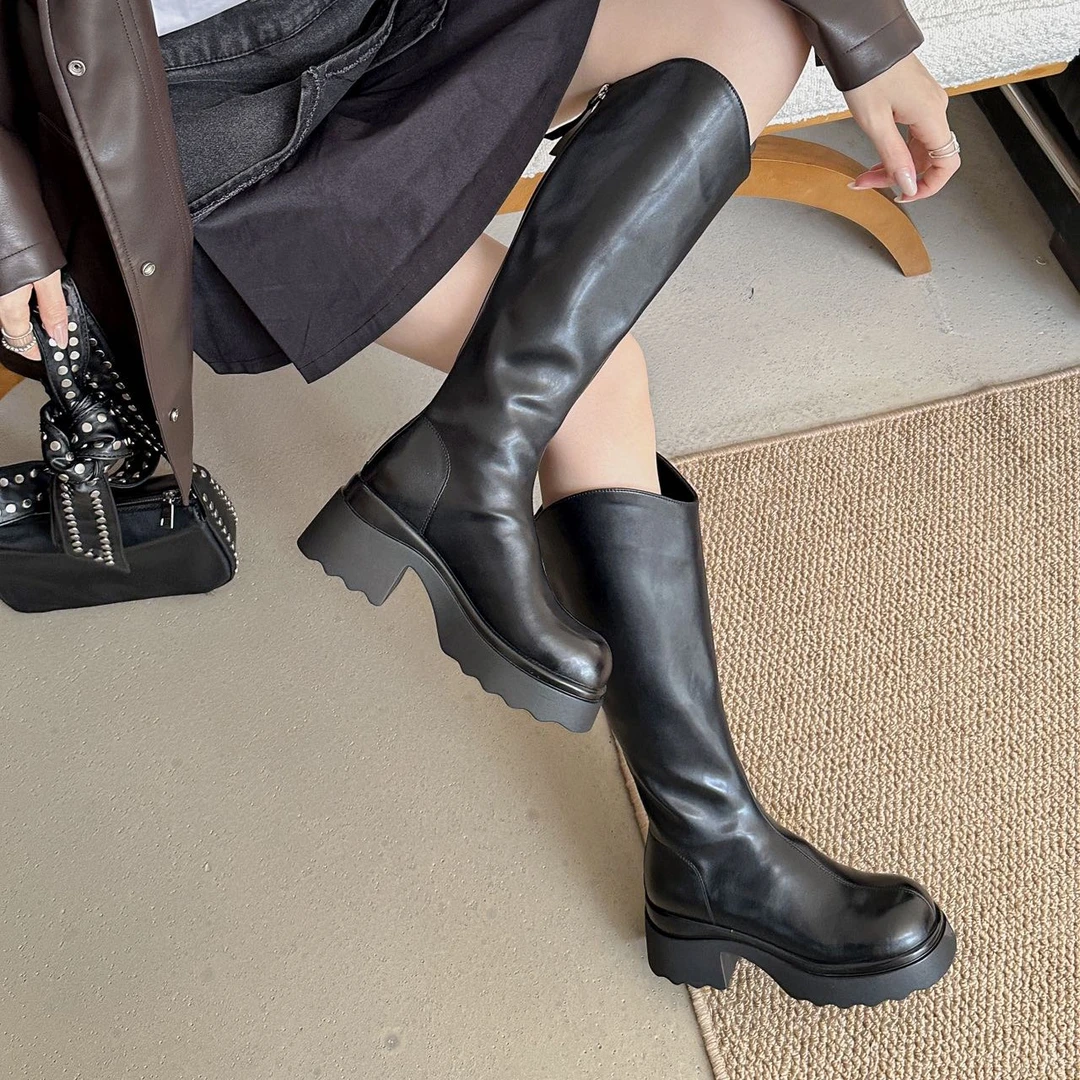 25926-1秋冬软皮女长筒瘦瘦靴过膝厚底时装靴时尚百搭(跟高7cm)