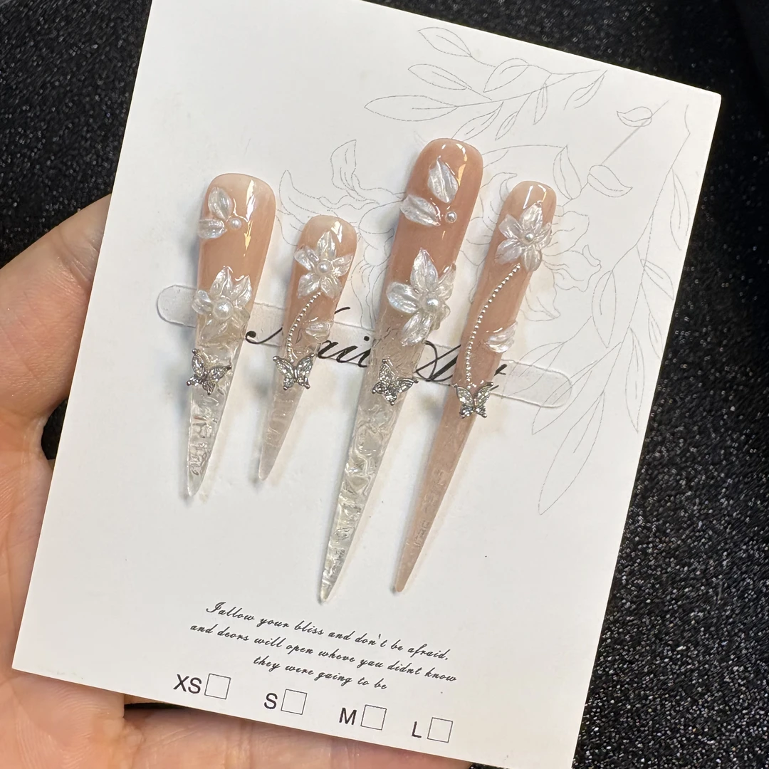 花间醉 立体冰花纯手工穿戴甲纯欲高级氛围清冷裸色气质显白美甲