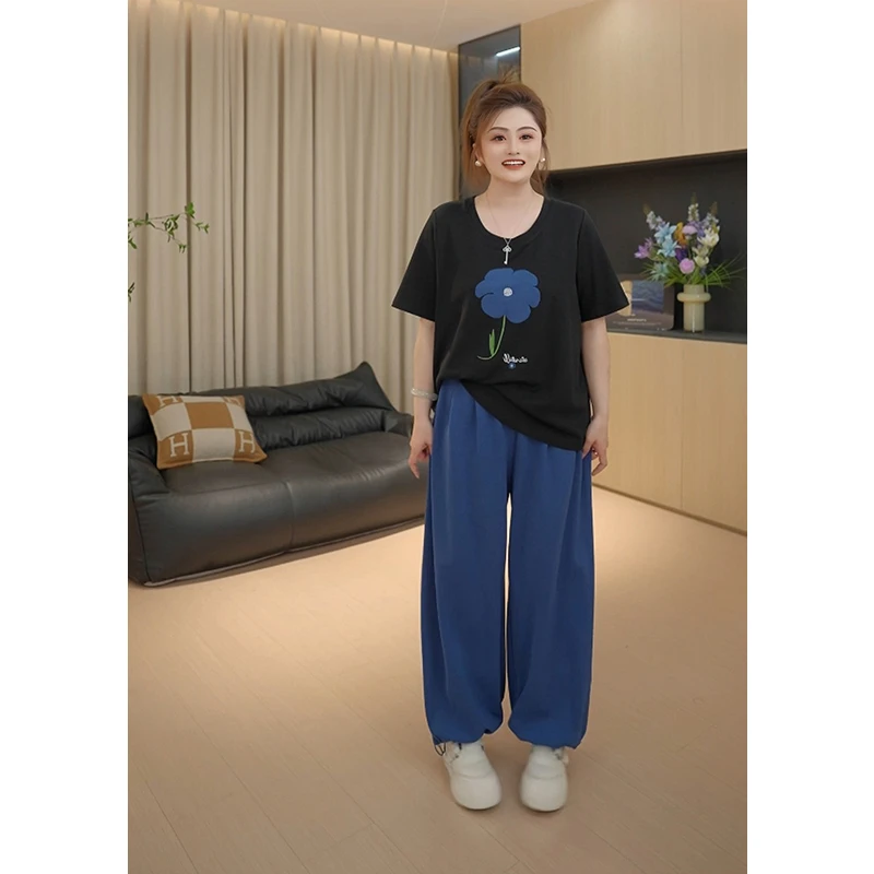 【胖佳佳】现货~花苞裤套装 短袖绣花T恤休闲裤两件套H625A05741