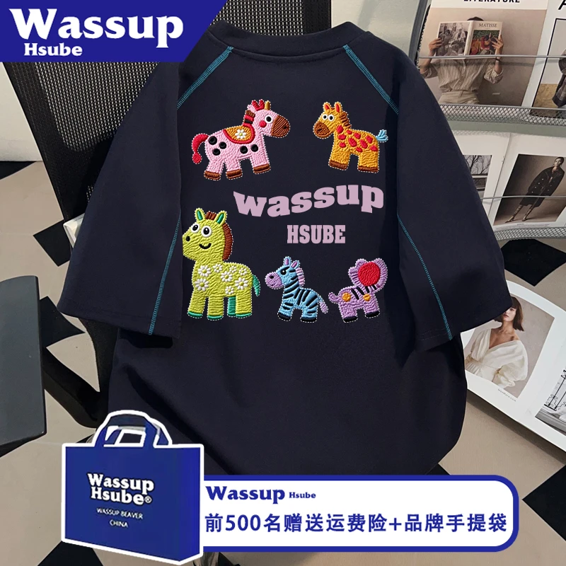 WASSUP HSUBE彩色卡通小马印花短袖夏纯棉上衣ins男女反光夹条T恤