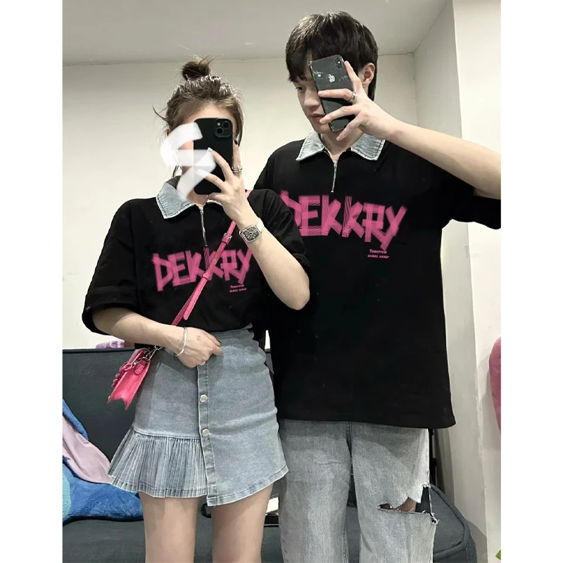 labzaa美式ins潮牌字母印花polo衫牛仔领短袖t恤夏季男女宽松上衣