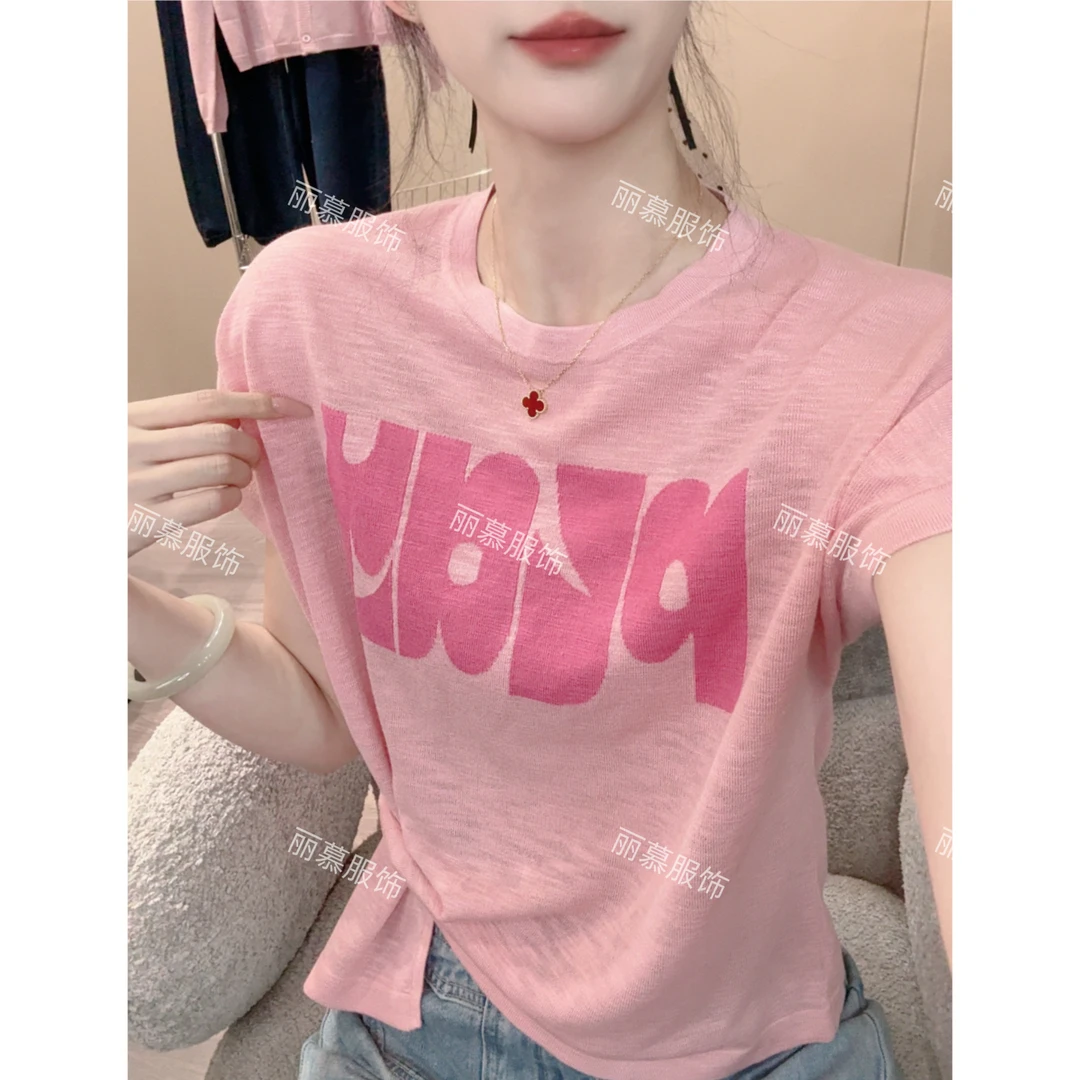 【斜扣字母短袖】不规则斜扣针织短袖字母提花显瘦设计感T恤1681