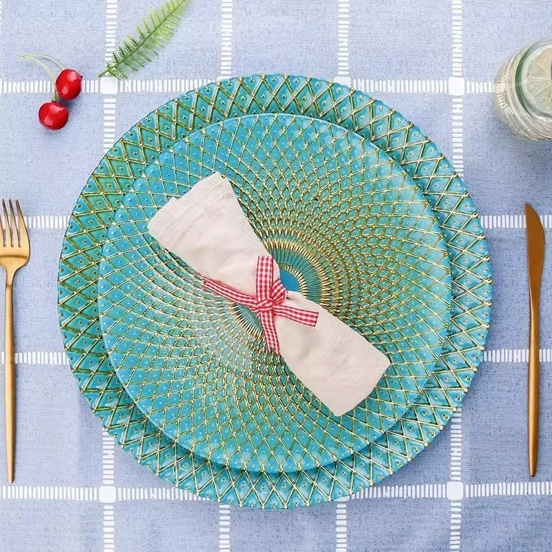 北欧风西餐盘网格玻璃波西米亚风大盘子ins复古家用鎏金菜盘果盘