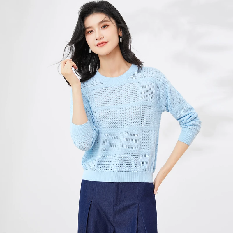 【含桑蚕丝】早春圆领针织镂空挑洞套头上衣女式针织衫W8A82197