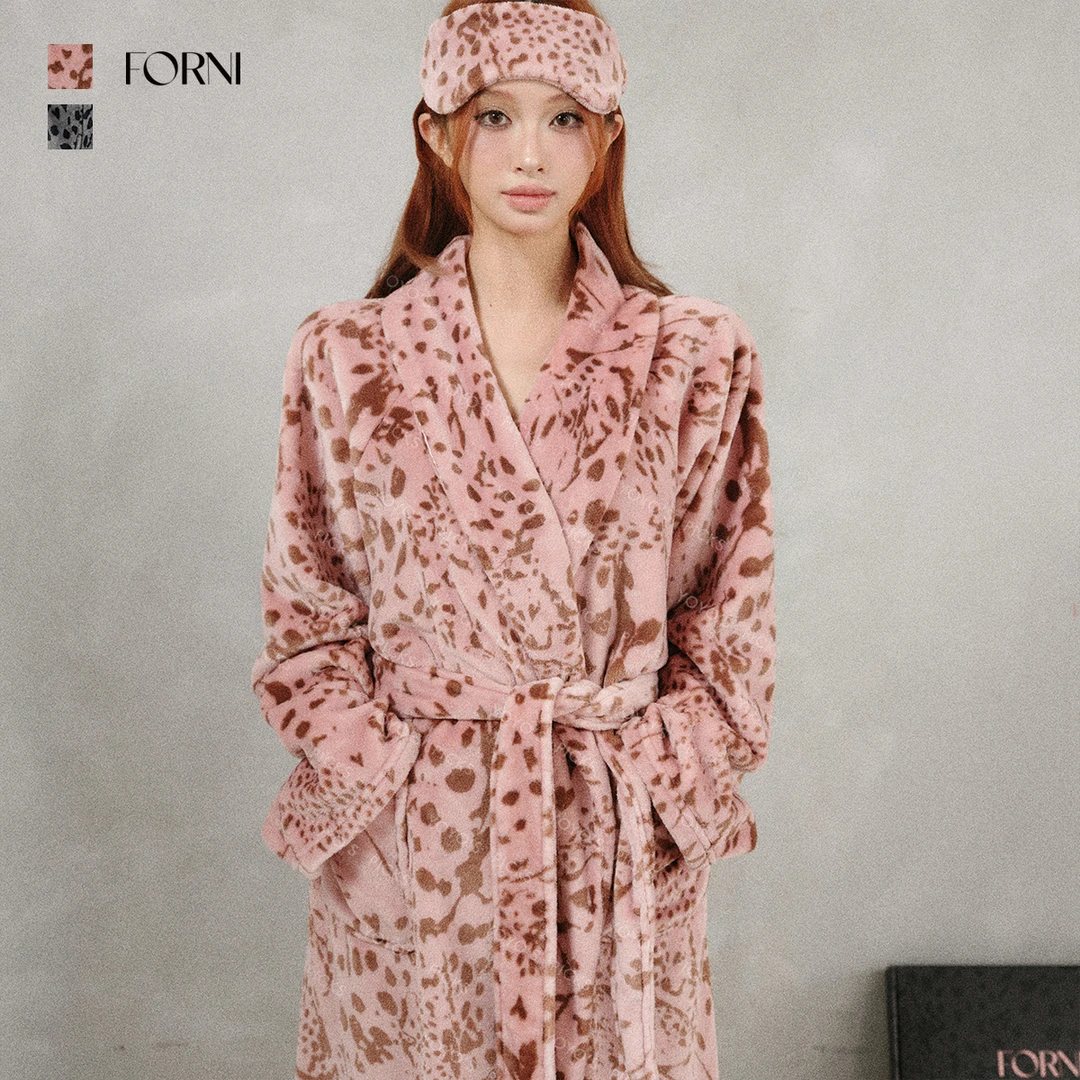 FORNI 原创“抱抱”睡袍 法兰绒豹纹印花系带睡袍