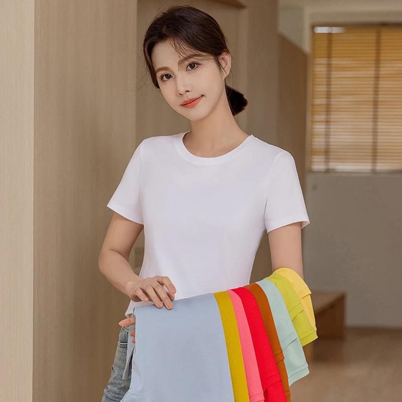 丝光棉短袖T恤女圆领白色正肩镜面打底半袖薄款纯棉凉感体恤上衣