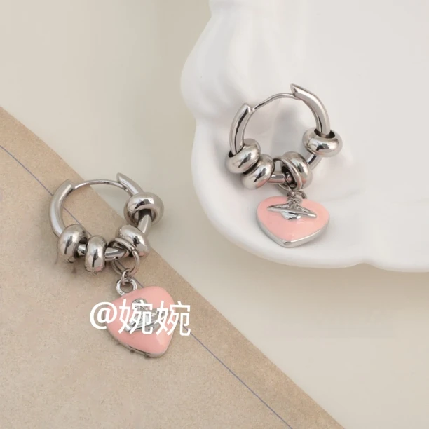铜合金耳饰 1169韩版定制樱粉色快乐星球桃心耳钉