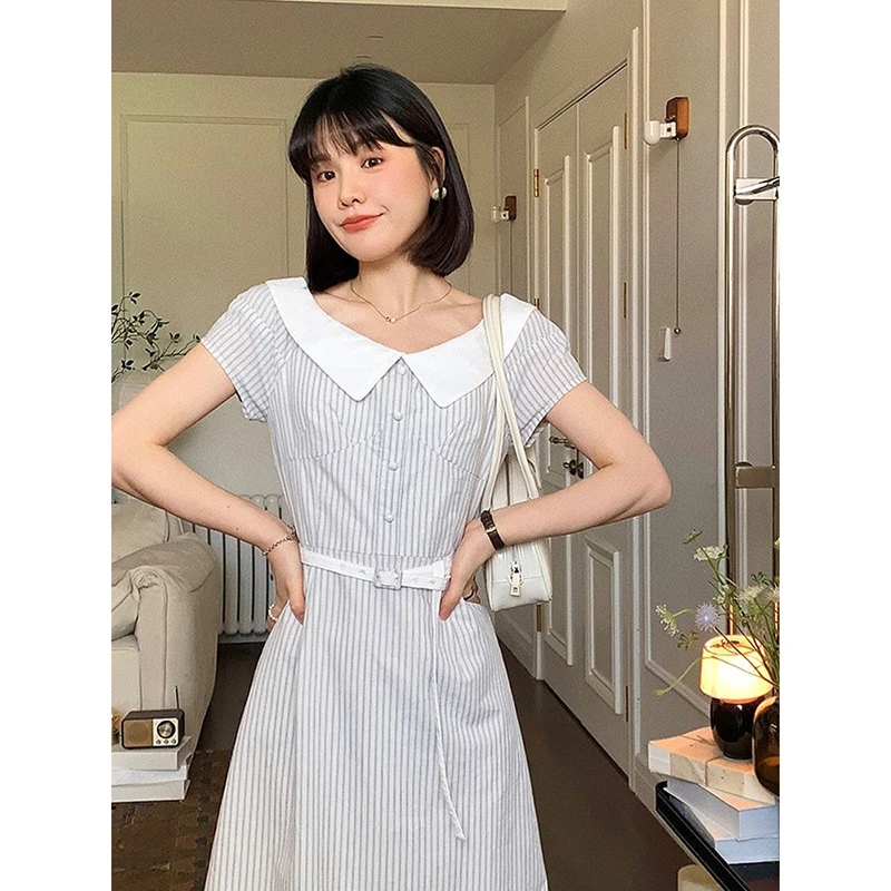 法式温柔风娃娃领短袖条纹连衣裙女夏季新款高级感气质收腰长裙子