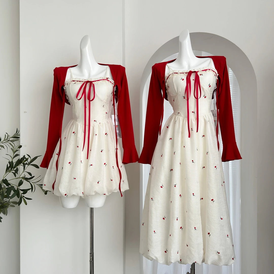 【松风茶韵】纯欲风温柔甜美套装女初恋碎花吊带裙短款开衫两件套