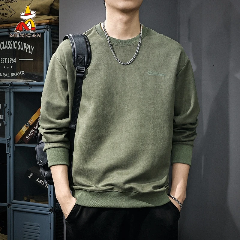 Mexican/稻草人春季鹿皮绒印花卫衣男款美式重磅宽松休闲圆领外套