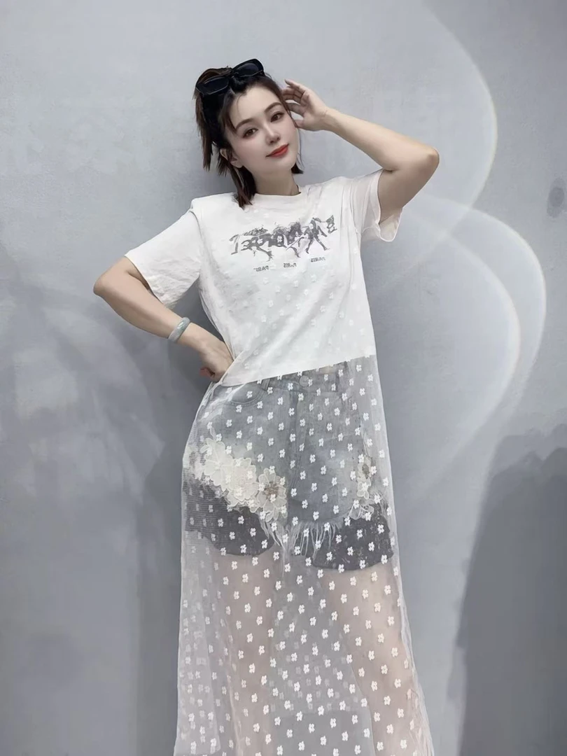 欧货女装原创不撞衫夏新款韩版字母印花假两件波点蕾丝叠穿T恤