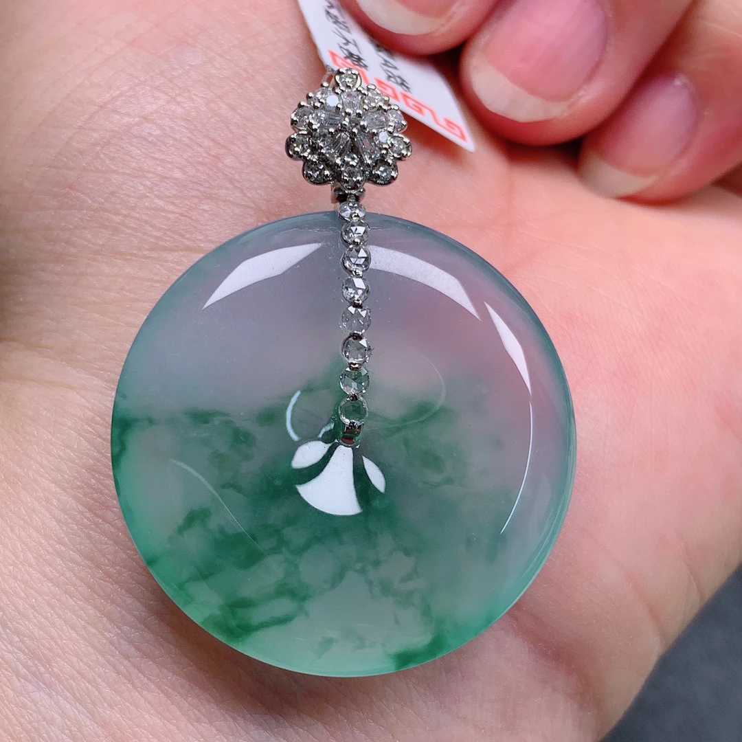 天然缅甸翡翠A货18k正冰飘花平安扣气质精美尺寸31+6  370