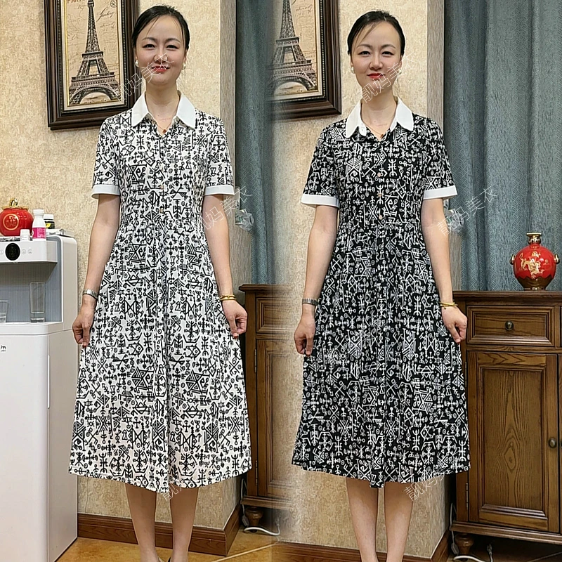 2025夏季新款印花翻领遮肉连衣裙中年妈妈装洋气薄款显瘦中长裙