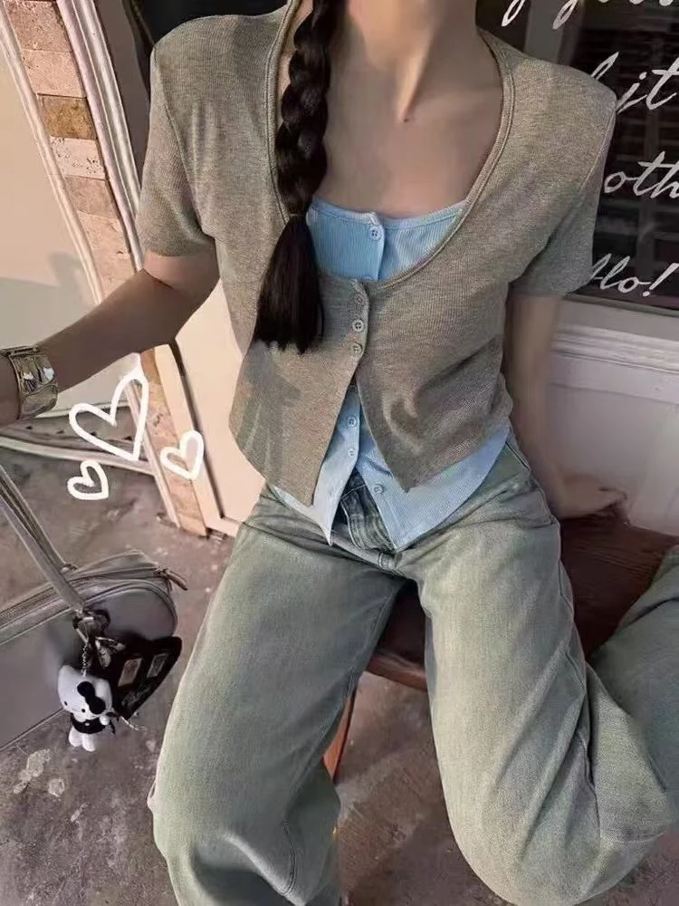 纯欲风设计感撞色假两件上衣女夏季修身显瘦小众别致设计收腰T恤