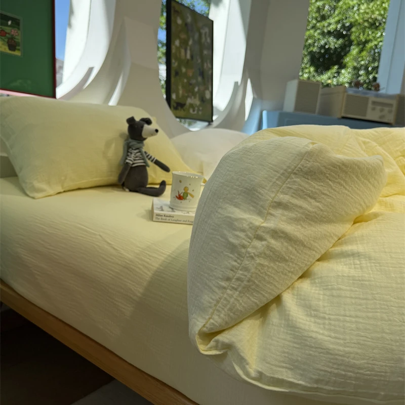 易安阁母婴级温柔韩系奶黄混搭皱皱纱四件套全棉纯棉1.5m1.8米