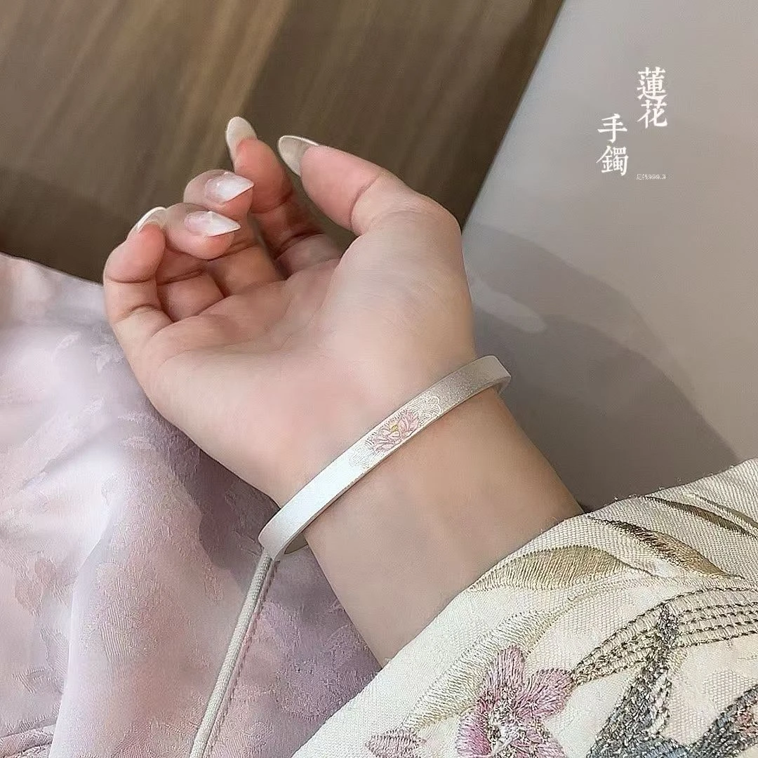 足银手镯 999纯银古法珐琅莲花银手镯新中式荷花镯子开口节日礼物