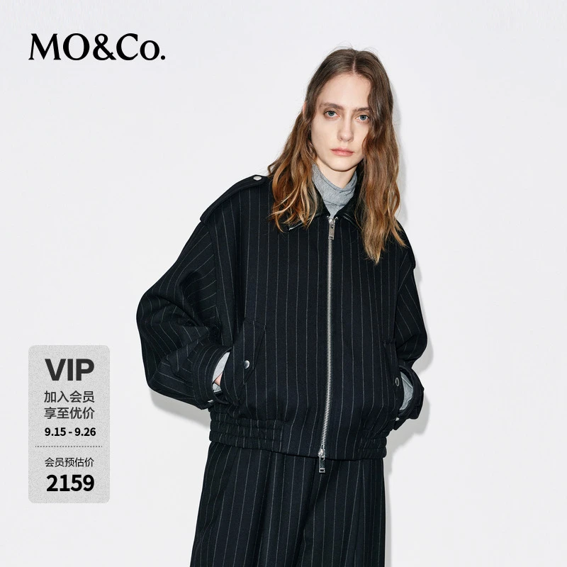 MOCO外套2025冬新品美丽诺绵羊毛可拆卸皮领条纹棒球服MBE4COTT10