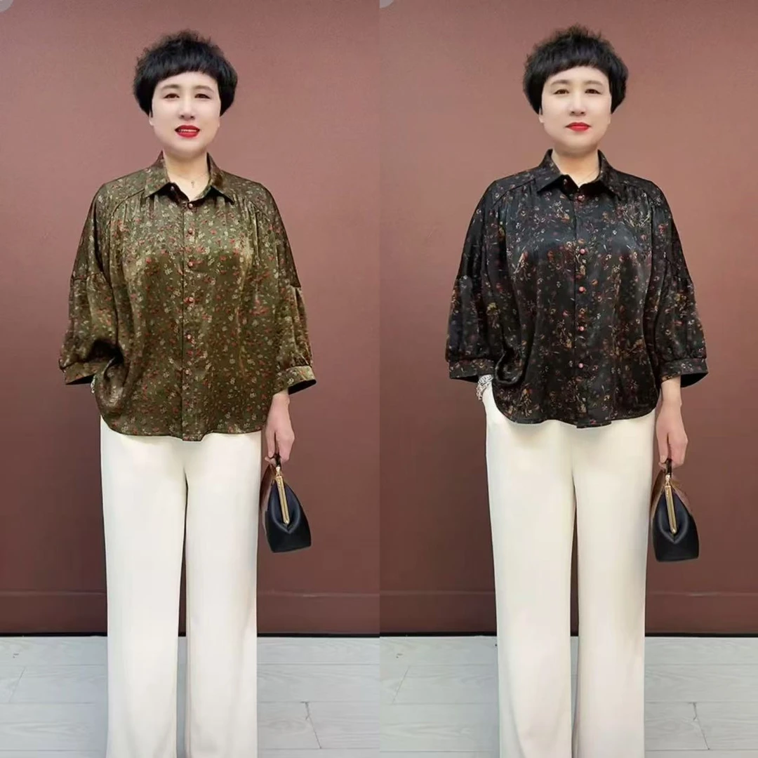 薄款时尚碎花中老年女装洋气宽松大码显瘦蝙蝠袖衬衣