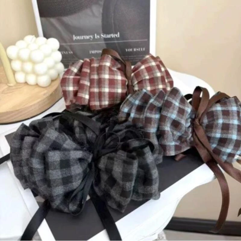 诗泊雅 韩国格子香蕉夹蝴蝶结飘带女气质高级感新款盘发格纹竖夹