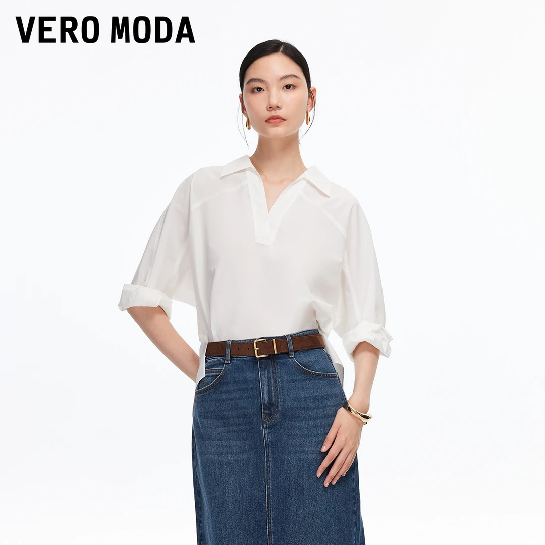Vero Moda衬衫25秋季含棉V领纯色七分袖上衣通勤老钱风325358002