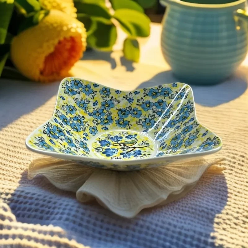 ..高温釉下彩蓝翠鸟8英寸海星大盘家用陶瓷深菜盘水果盘