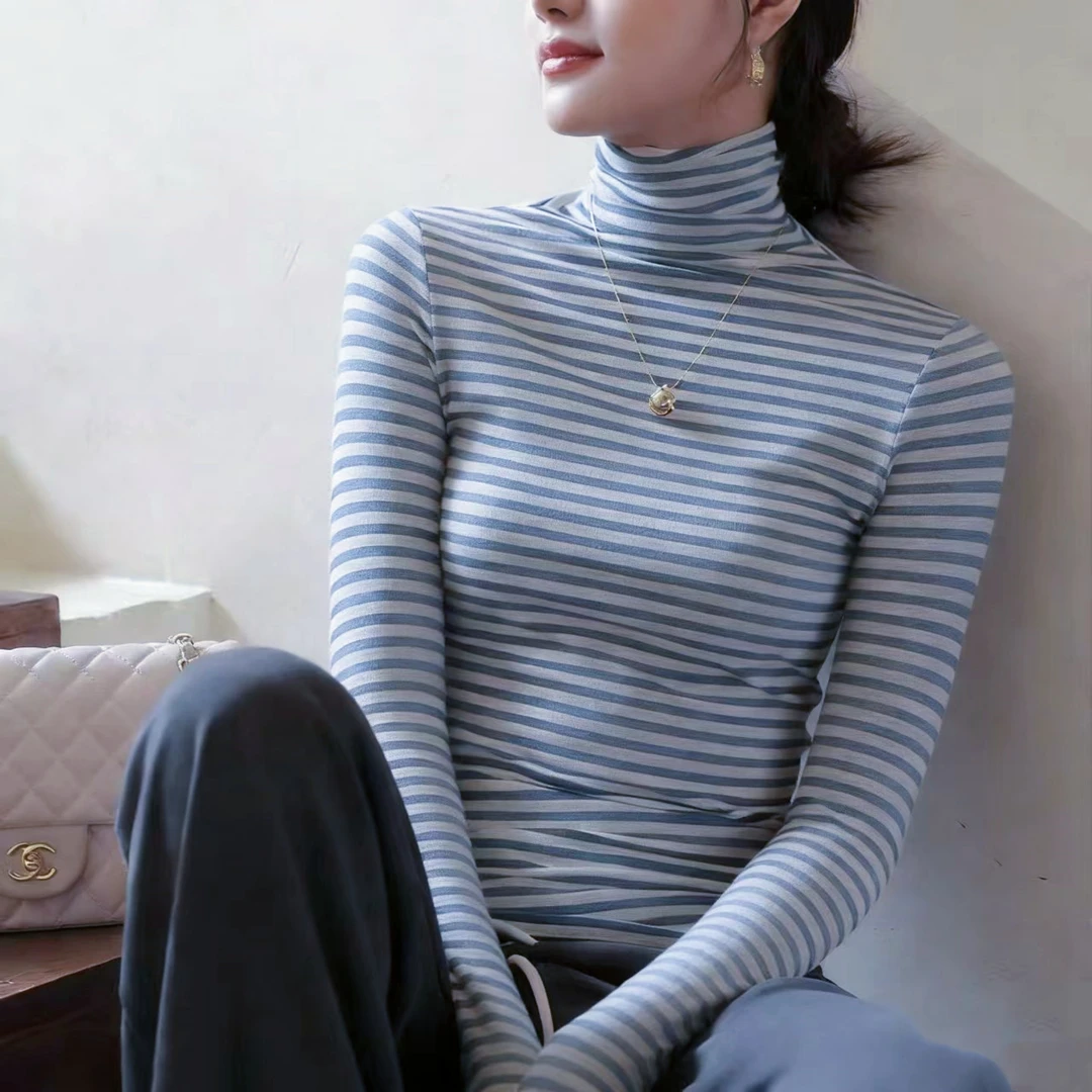 8863 祺欣家 法式堆堆领条纹修身显瘦简约风小众设计高级感针织衫