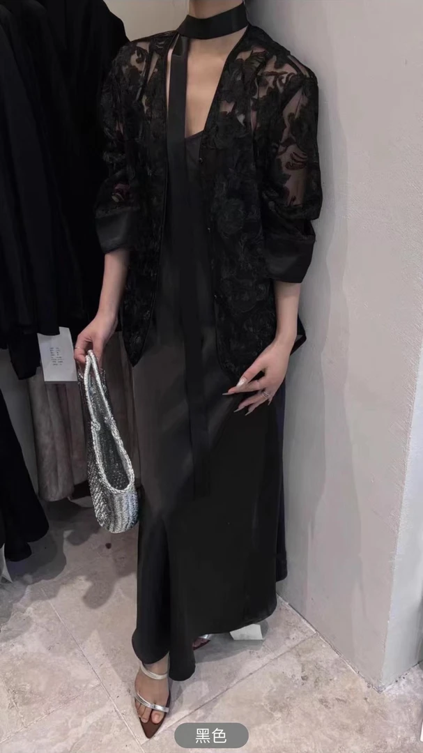大码胖mm新中式领刺绣宽松型薄款外套百搭醋酸吊套装飘带