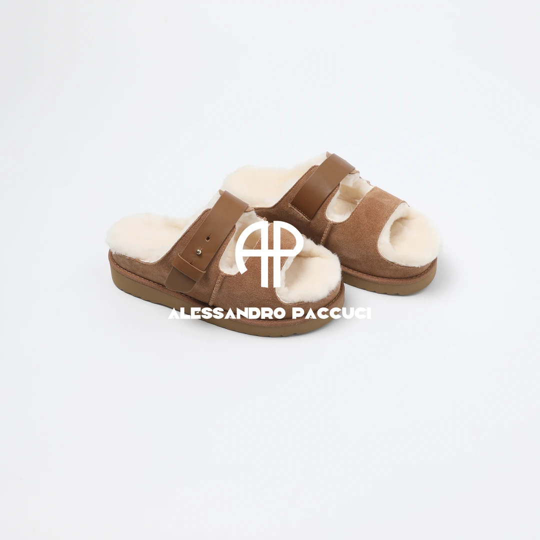 AP洛哥54102XT牛反绒+浓密羊毛厚底温暖时尚百搭毛毛拖鞋 冬
