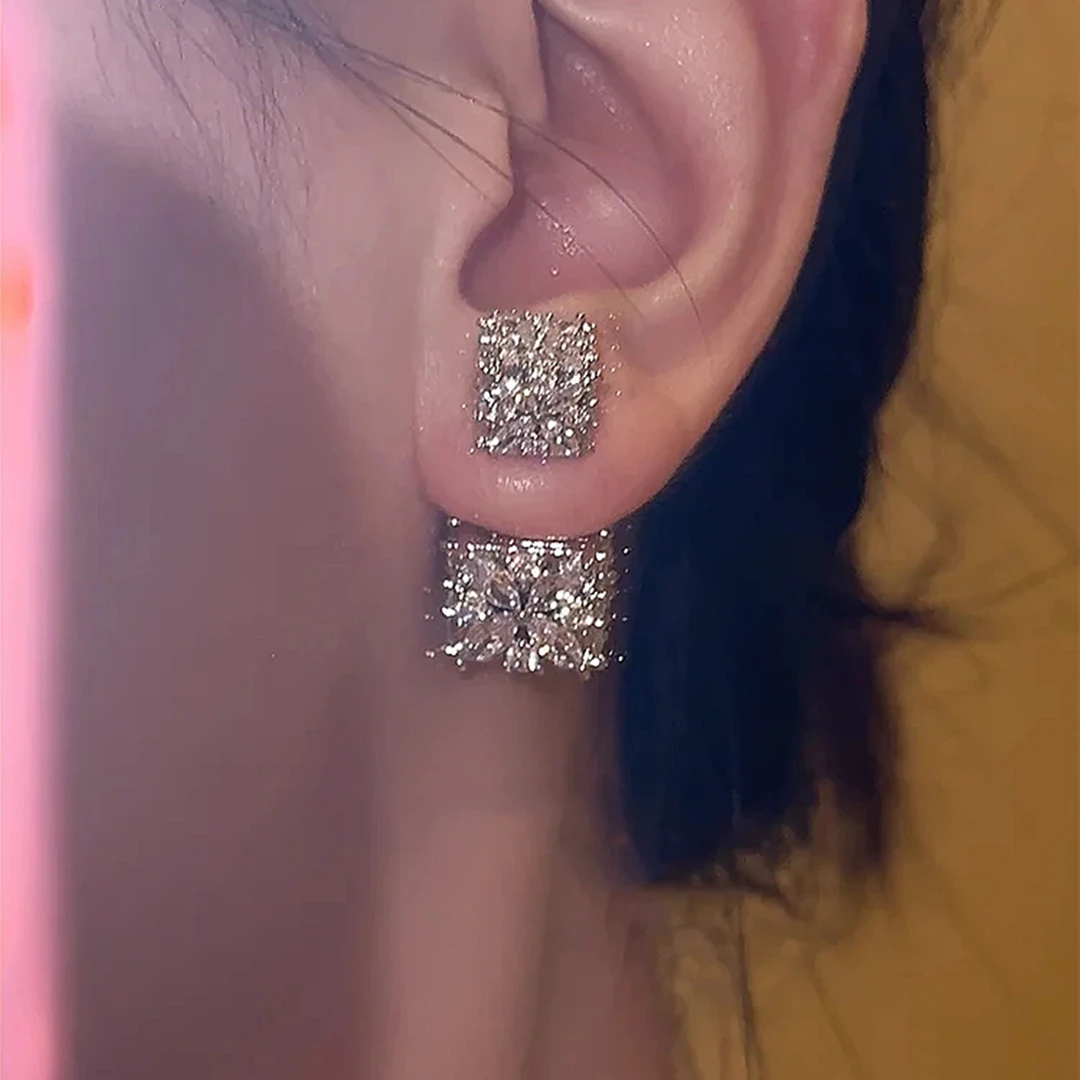 铜合金合成锆石耳饰 爆闪魔方轻奢高级小方糖耳环女时尚精致耳钉
