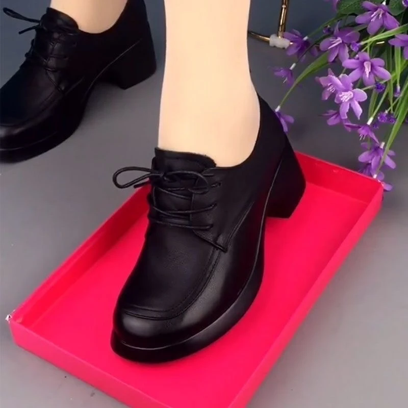 【潞可莱】真软皮单鞋女2025四季百搭系带圆头粗跟英伦风妈妈鞋