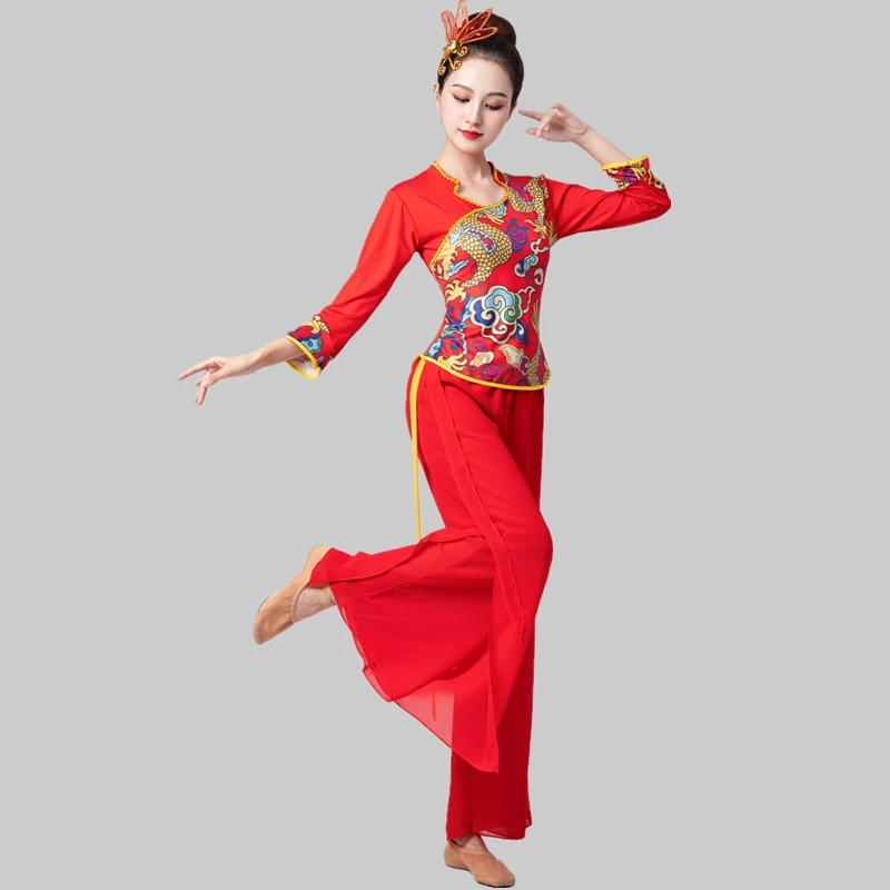 2025新款秧歌舞蹈服女红色喜庆打鼓服套装中老年广场舞腰鼓队服装